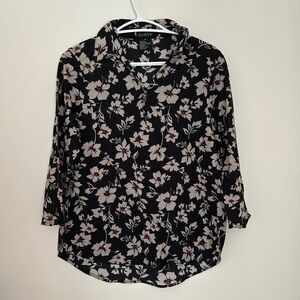 Black Floral Button Long Sleeve with Polo Collar